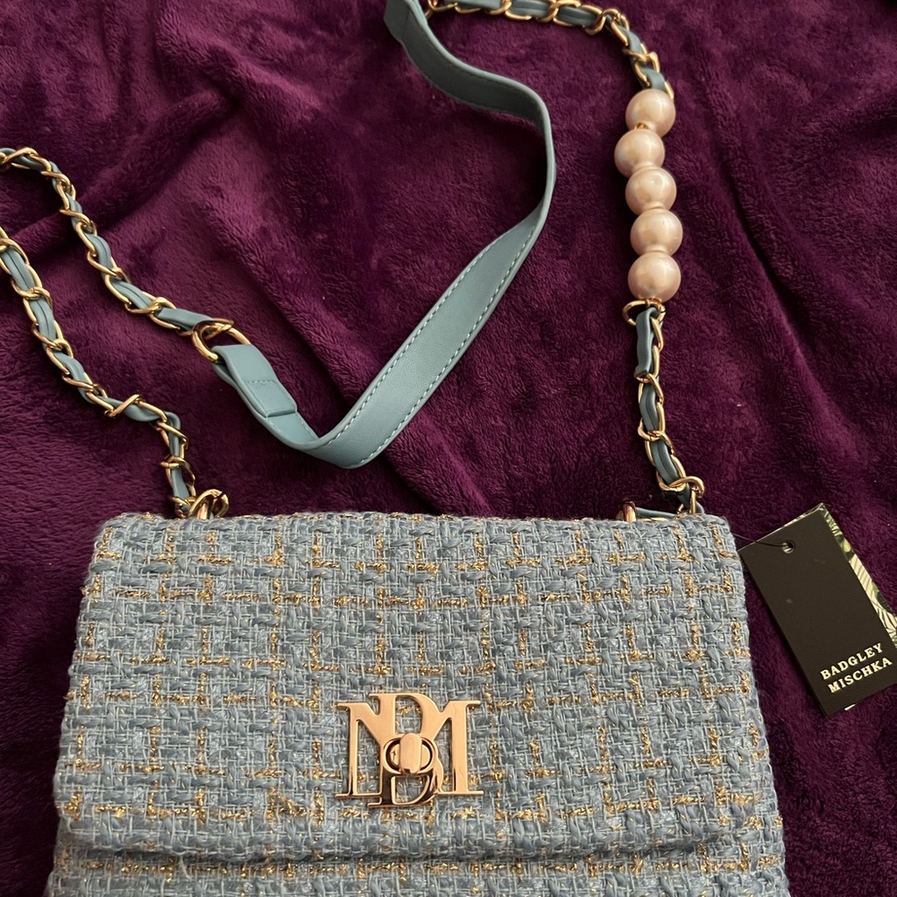 Badgley Mischka Gold and Blue Crossbody Bag with Chain Strap